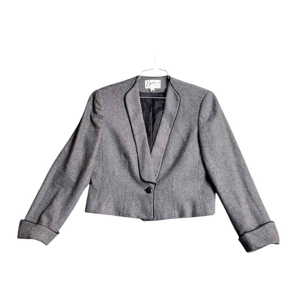 Vintage Cropped Blazer Wool-Blend Gray Tweed Equestrian Preppy Old Money Size 12